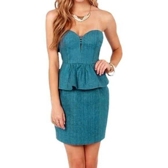 Aryn K Lulu's NWT Sweet Caro-Linen Denim Blue Strapless Dress Medium - Picture 1 of 8